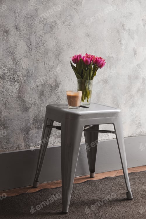 Preview: Flower latte art on white table minimalist lifestyle