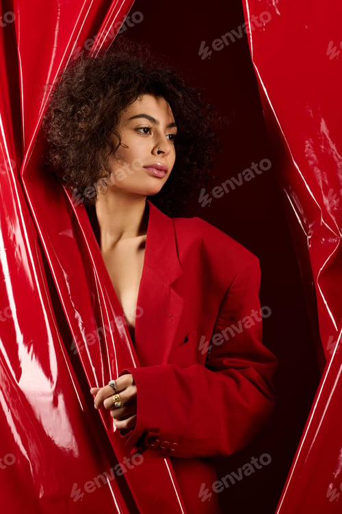 Preview: Stylish young woman celebrates Valentines Day in bold red ensemble in studio setting
