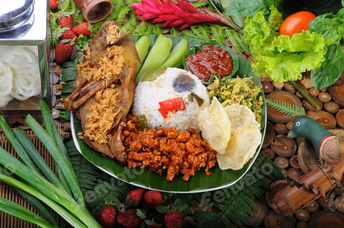 Preview: Asian cuisine dish with rice, chicken and salads