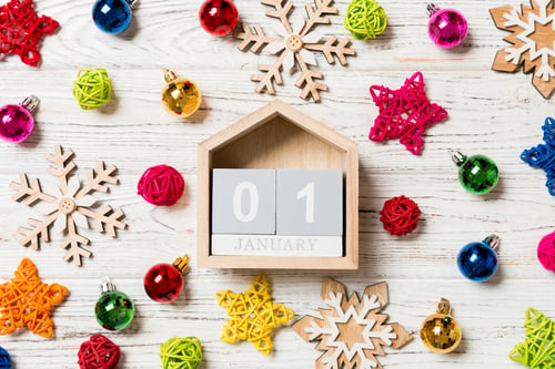 Preview: Top view of calendar on Christmas wooden background. The first of January.
