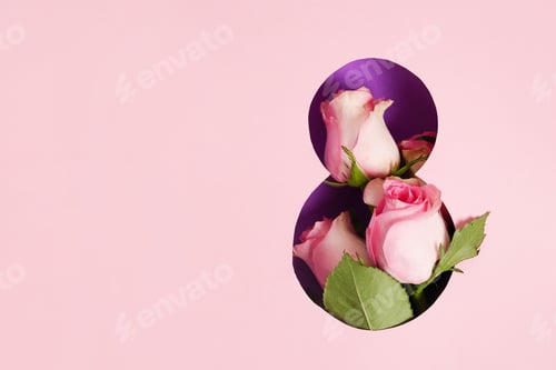 Preview: 8 march Greeting card with flowers roses on pink background with copy