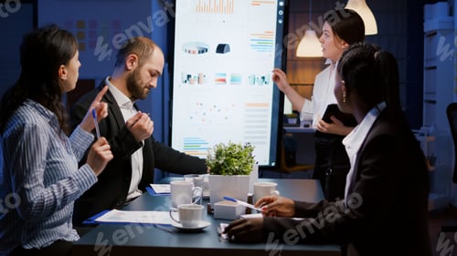 Preview: Workaholic entrepreneur woman discussing management statistics overworking in office meeting room
