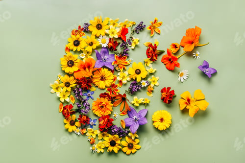 Preview: Human head symbol with orange, blue and yellow flowers on green background