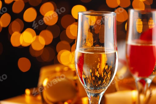 Preview: Champagne glass on blurred garland lights background