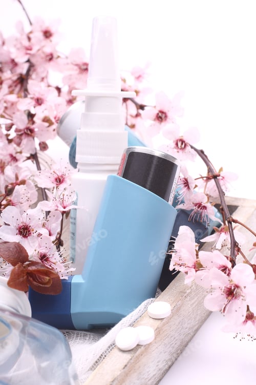 Preview: Asthma inhalers with blossoming tree branches on wooden tray over white