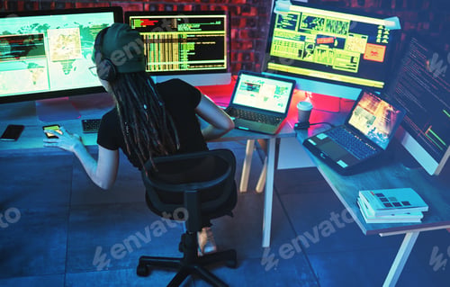 Preview: Coding, hacker woman and computer monitor for cybersecurity, programming and big data. Server hack,