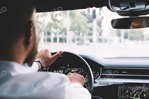 Preview: Selective focus on automotive dashboard in contemporary car for international travelling