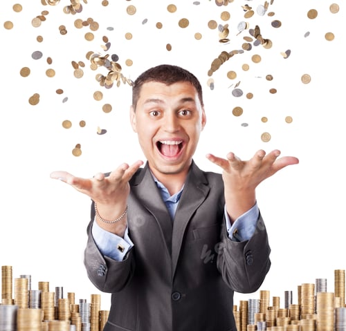 Preview: happy rich businessman enjoying success throws up many coins isolated on white background