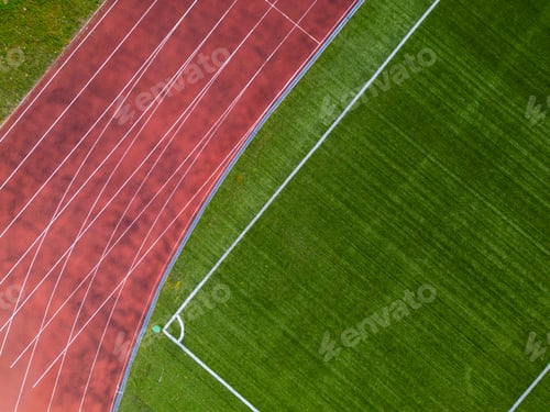 Preview: Aerial Top Down View of Running Track and Soccer Field Corner