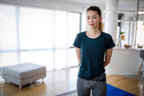 Preview: Tired woman have no energy to exercise at home. Sport, people concept