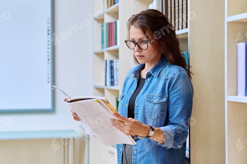 Preview: Portrait serious mature woman teacher, educational specialist reading textbook in classroom
