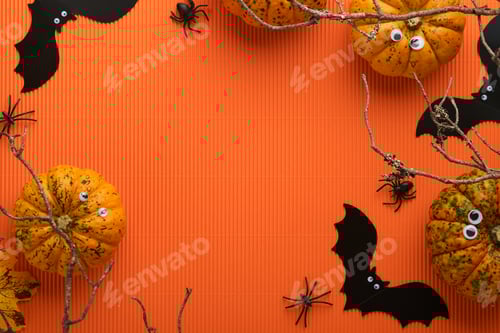 Preview: Halloween holiday background. Orange pumpkin, bat with funny eyes, spider, spider web, old leaves an