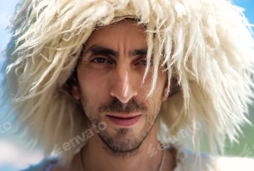 Preview: A Georgian man in a hat against the background of mountains and the sky. Selective focus.