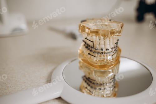 Preview: Metal and ceramic braces on teeth on an artificial jaws closeup. Braces on artificial teeth