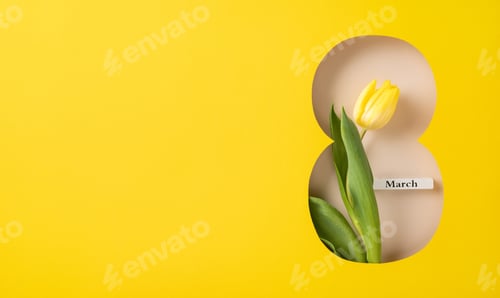 Preview: Yellow tulip flower showcased in a paper cut design forming the number eight