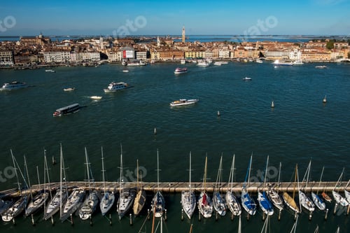 Preview: High angle view of the Canale Grande in Venice, Veneto, Italy, with gondolas moored in the