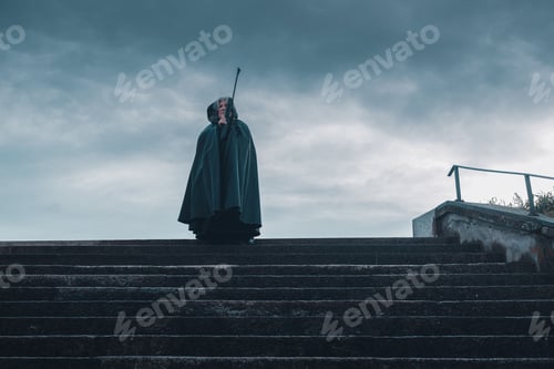 Preview: armed dark fat soldier marching on guard outdoors war evil dark ages concept