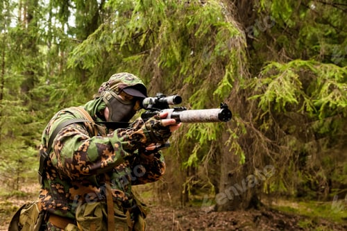 Preview: Russian soldier sniper man dressed military disguise camouflage uniform with weapon in woodland