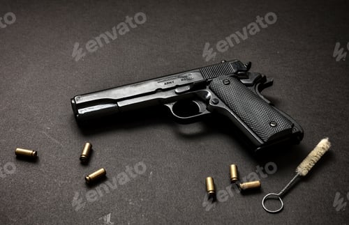 Preview: Pistol gun 9mm and ammunition, on black table. Auto metal weapon side view