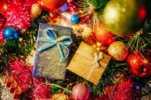 Preview: Blurred background for two gift boxes tied with bows,