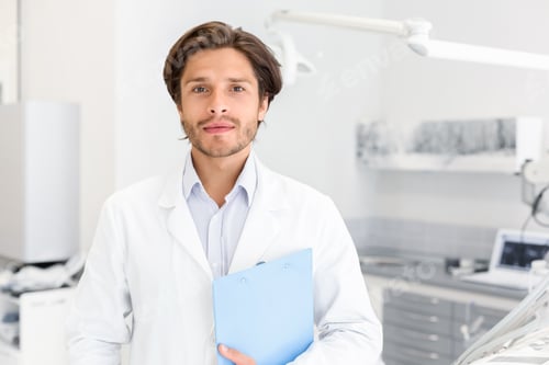 Preview: Confident professional dentist holding folder in dental cabinet
