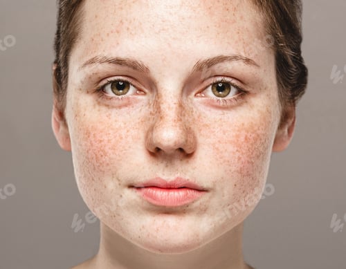 Preview: Young beautiful freckles woman face portrait with healthy skin