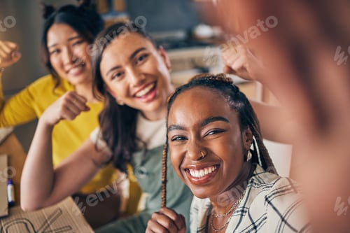 Preview: Women, friends and selfie with strong arm flex at home bond, fun and relax at home. Portrait, happy