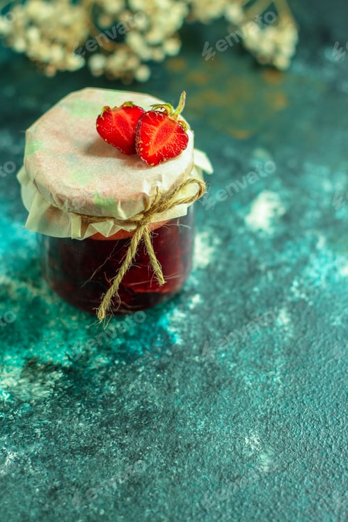 Preview: Strawberry Jam, Ripe And Juicy Berries In A Sweet Dessert With Basil. Top Food Background. Copy