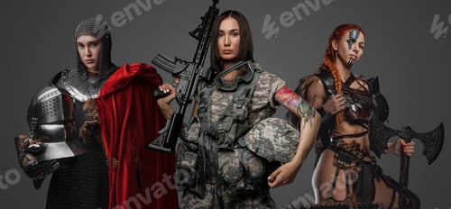 Preview: Modern soldier woman with female medieval knight and viking