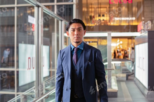Preview: A young businessman in a blue suit on the move in a city downtown area, front view.