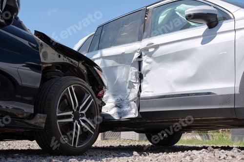 Preview: Damaged in heavy car accident vehicles after collision on city street crash site. Road safety and
