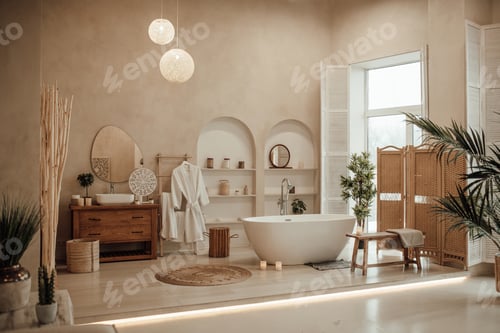 Preview: Luxury interior of big bathroom at modern african style with oval bathtub in natural lighting