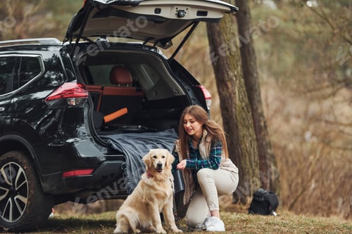 Preview: Cheerful girl have walk with her dog outdoors in forest at autumn or spring season