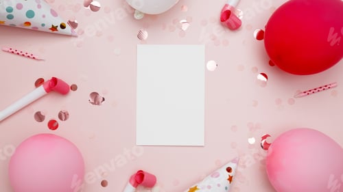 Preview: Concept of festive birthday celebrations. Blank card surrounded by colorful balloons, party hats
