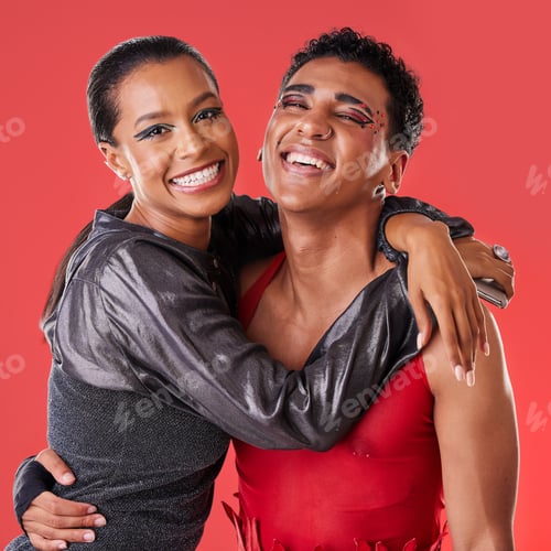 Preview: Portrait, fashion and friends hug, smile and creative with trendy, stylish and edgy outfits with st