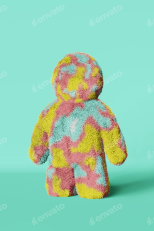Preview: Cute plush rainbow Yeti hairy on turquoise background. Faceless colorful furry terry bigfoot.