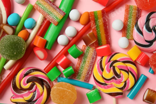 Preview: Many different yummy candies on color background, top view