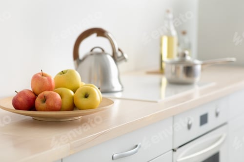 Preview: Modern kitchen and healthy eating at home, minimalist cozy interior in morning