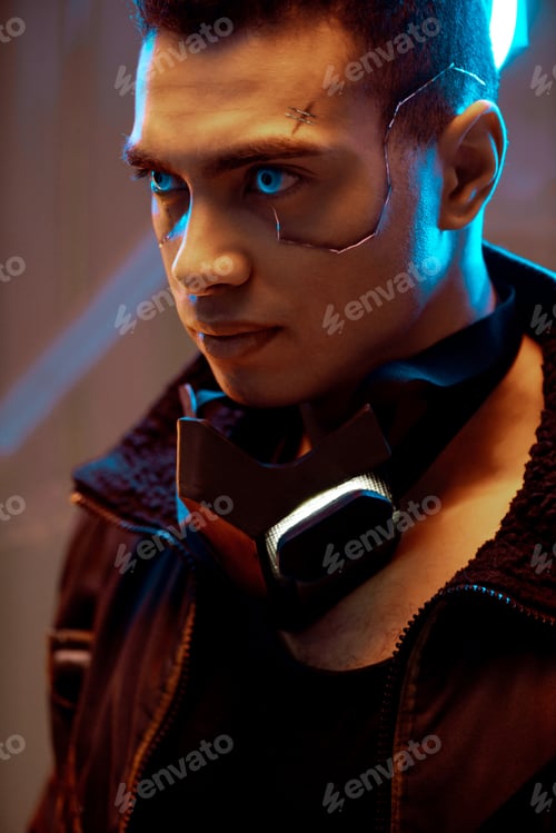 Preview: bi-racial cyberpunk player with metallic plates on face and blue eyes looking away near neon