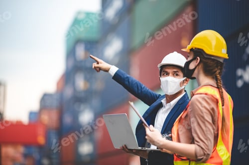 Preview: businessman person or engineer and foreman wearing safety helmet are talking about business