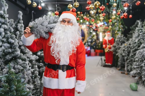 Preview: Santa claus carrying christmas tree for holiday celebration
