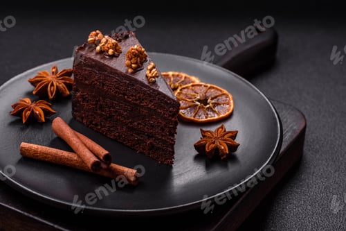 Visualização: Pedaço de bolo de chocolate doce com nozes