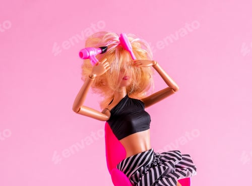 Preview: Doll is holding hair dryer and comb. Hair styling concept.