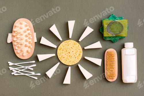 Preview: Bathroom set - massager, soap, sponges, brush and cotton swabs on a green background