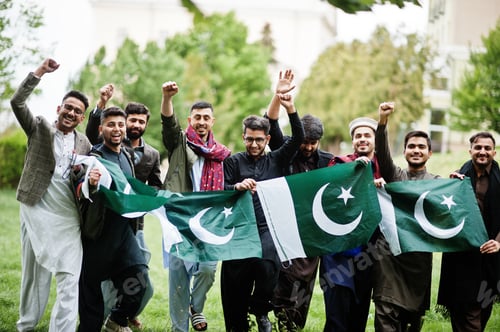 Preview: Group of pakistani man wearing traditional clothes salwar kameez or kurta with Pakistan flags.