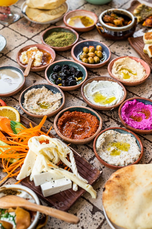 Preview: Turkish Village breakfast table served in a restaurant. Top view