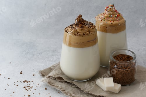 Preview: Dalgona coffee with ingredients. Menu, recipe of homemade coffee.