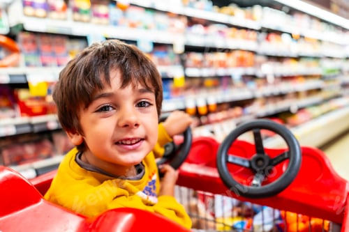 Preview: Smiling child driving shopping cart in supermarket