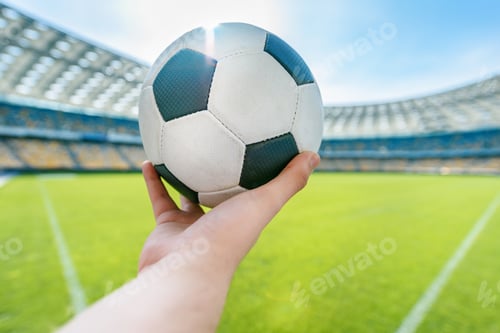 Preview: person holding soccer ball on soccer field stadium