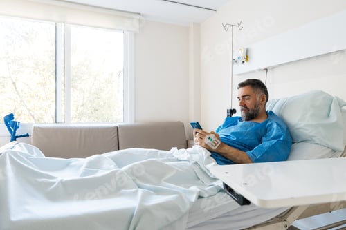 Preview: Patient using smartphone in hospital bed recovering